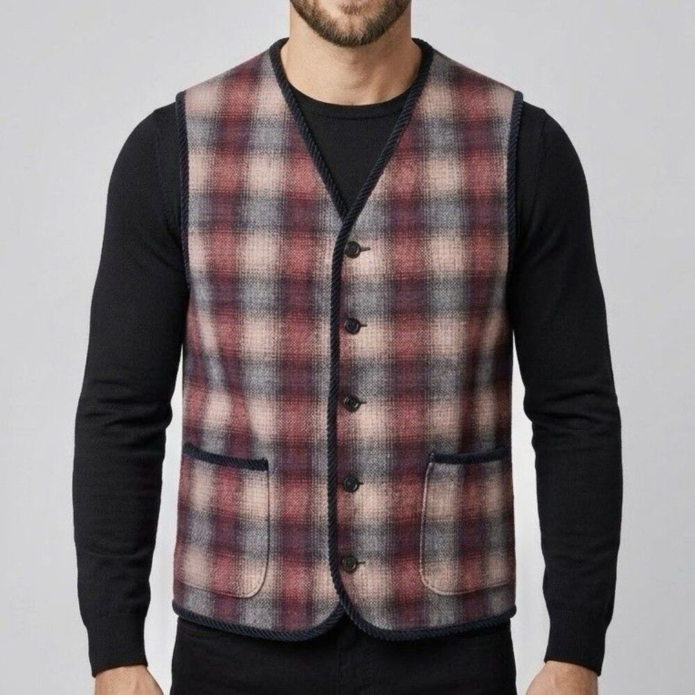 Pennesi Uomo Italia Vintage Wool Plaid Vest Mens  Sz 46 Italy Waistcoat Gilet